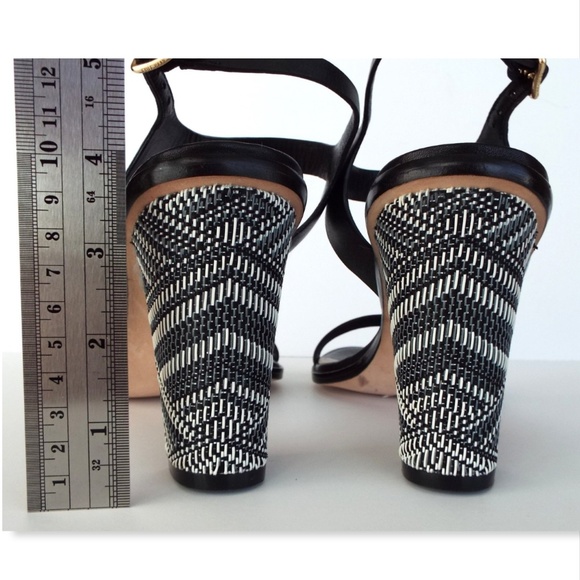 Unworn COLE HAAN Black Leather Ankle Strap Woven Wrapped Block Heel Sandals 8.5 - Picture 7 of 8